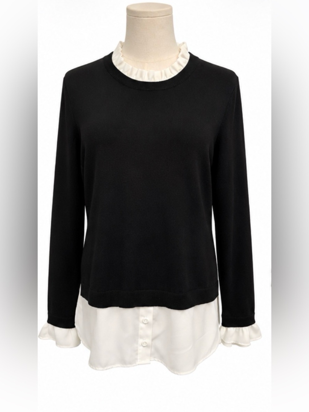Adrianna Papell Layered Look Sweater Blouse Black White Size M Ruffle Collar